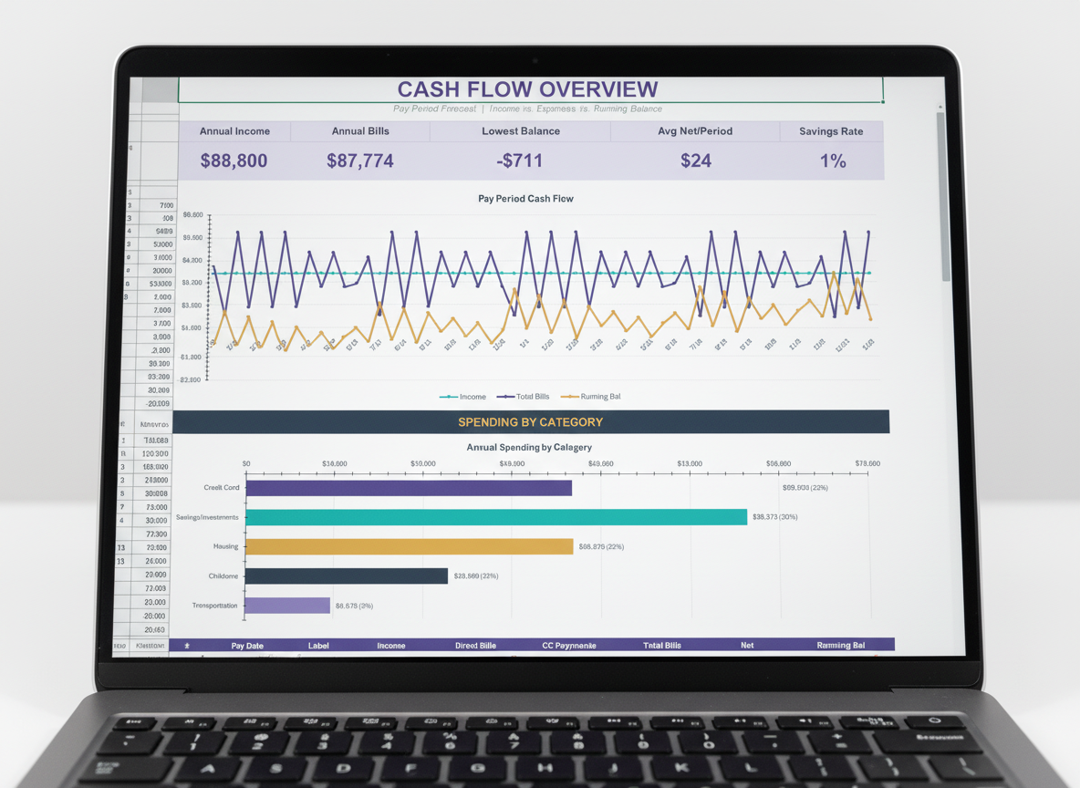 Bill Tracker Pro — Cash Flow Overview dashboard with charts and pay period data