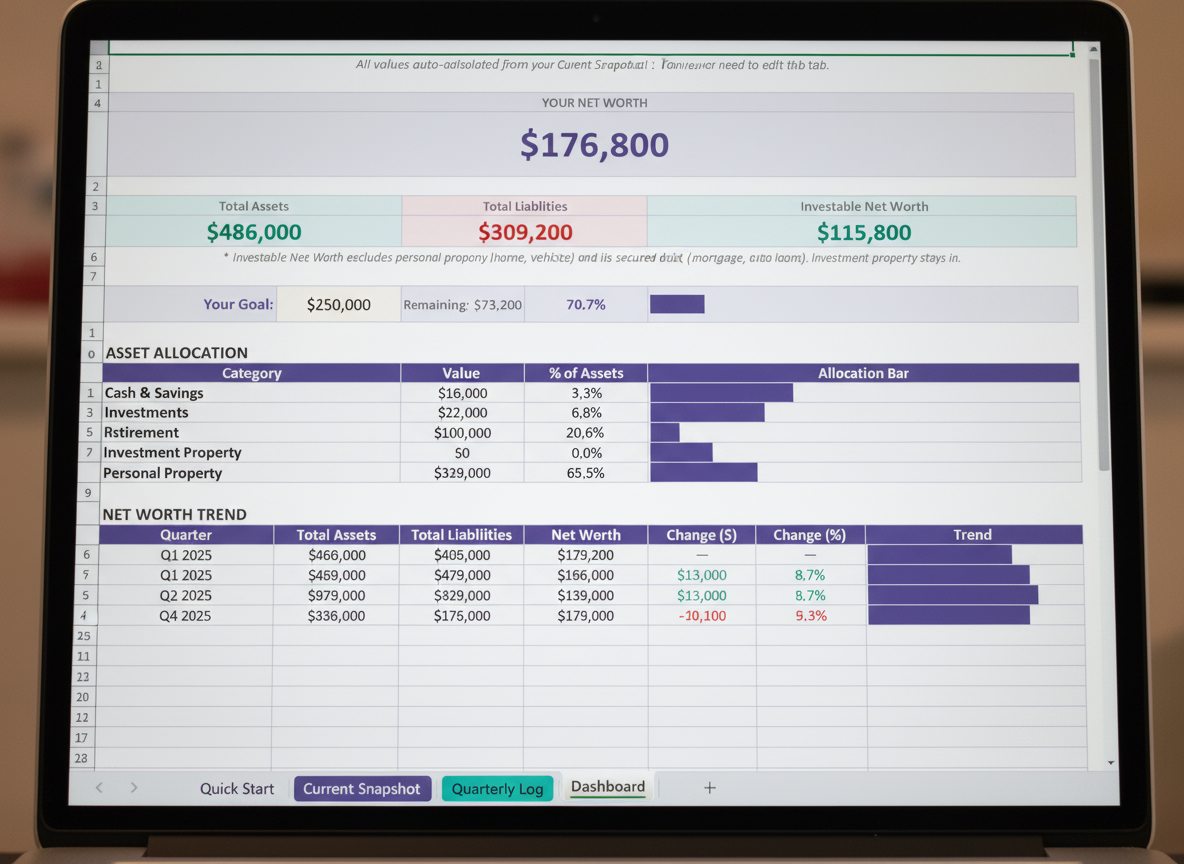 Net Worth Tracker — dashboard showing assets, liabilities, and quarterly trend
